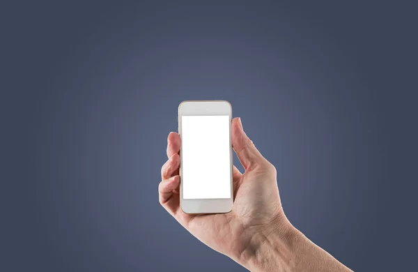 Macho mão direita segurando smartphone com tela em branco — Fotografia de Stock