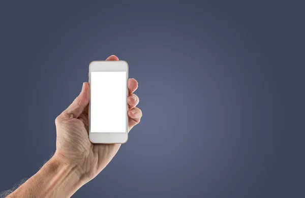 Macho mão esquerda segurando smartphone com tela em branco — Fotografia de Stock