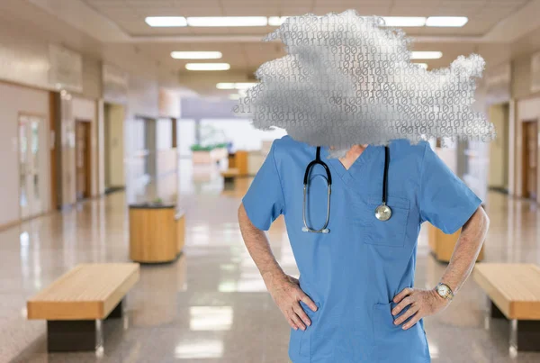 Senior doctor in scrubs with head in clouds — Stock Photo, Image