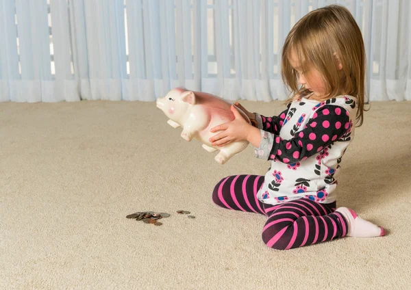 Young toddler getting money from pottery piggy bank — Stock Photo, Image