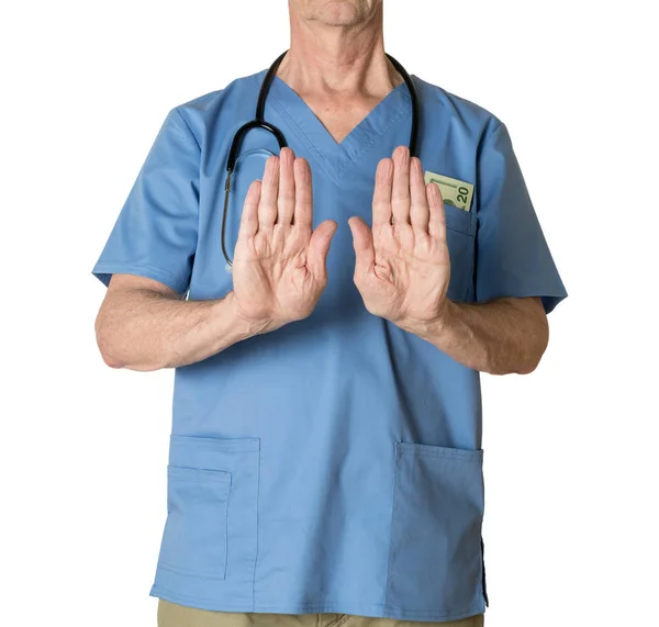 Senior doctor in scrubs refusing entry — Stock Photo, Image