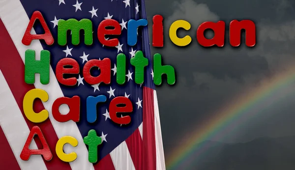 Ilustrasi Undang-Undang Layanan Kesehatan Amerika Serikat dengan bendera AS — Stok Foto