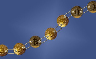Blockchain için mavi arka plan ile bağlantılı bitcoins