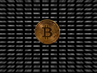Tek bitcoin sikke üzerinde siyah dijital arka plan