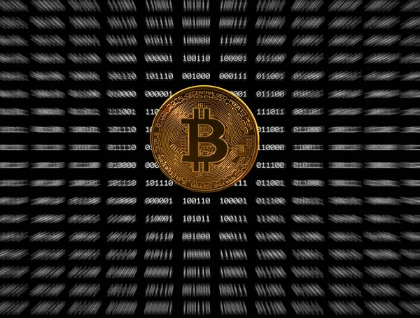 Single bitcoin coin on black digital background — Stock Photo, Image