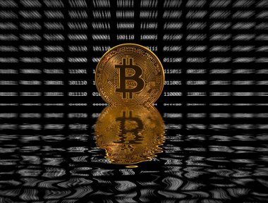 Tek bitcoin sikke üzerinde siyah dijital arka plan