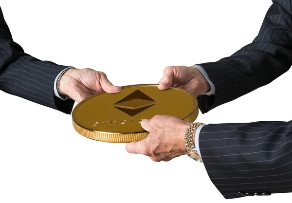 Three traders hands holding large ether or ethereum coin — Stock Photo, Image