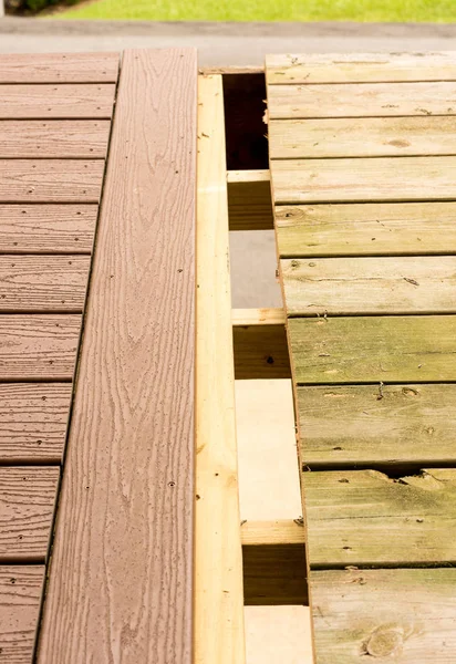 Replacement of old wooden deck with composite material — Stock Photo, Image