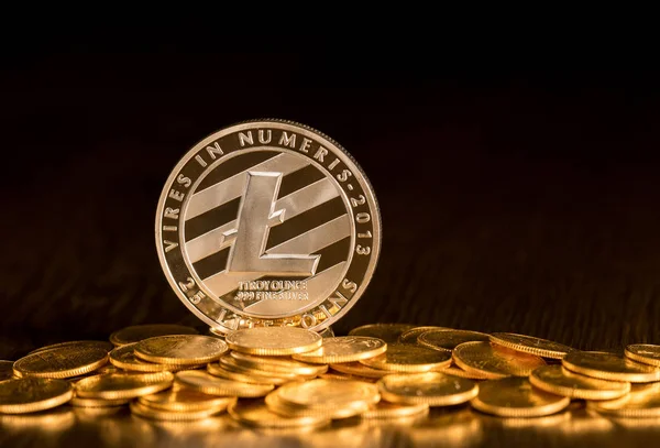 Moeda Litecoin única em moedas de ouro menores — Fotografia de Stock