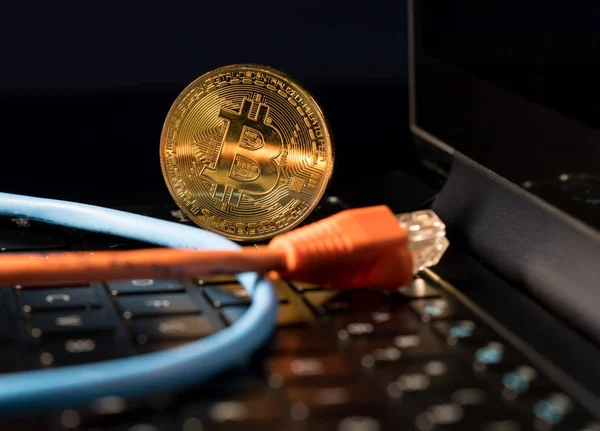 Bitcoin munt permanent op toetsenbord van de computer — Stockfoto