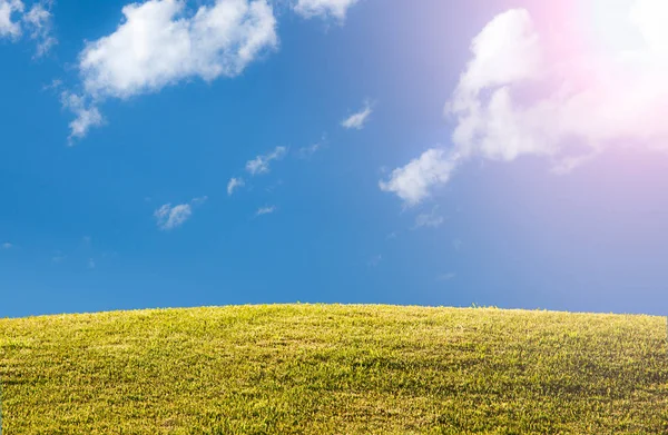Gramado verde ou prado com céu azul e clarão de sol — Fotografia de Stock
