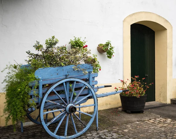 Chariot vieux jeu pour cheval avec des fleurs par vieux mur blanc — Photo