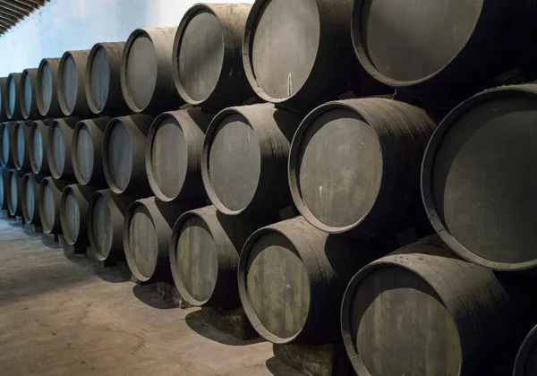 雪利酒的排叠木制酒桶 — 图库照片