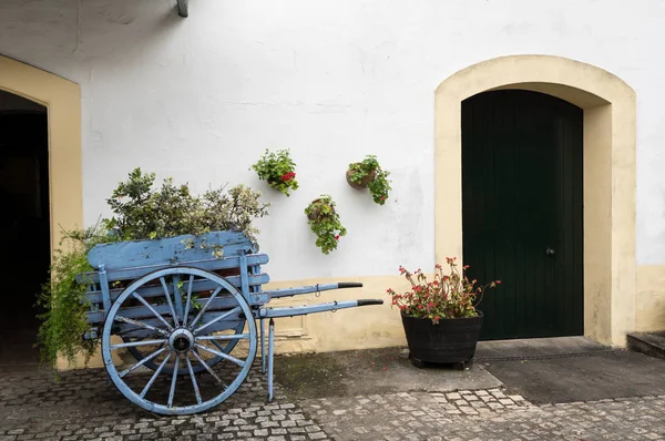 Старий візок для коня з квітами на старій білій стіні — стокове фото