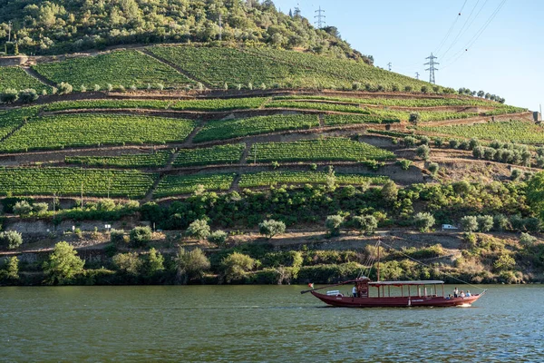 Toeristen op Rabelo boot in vallei van de rivier de Douro in Portugal — Stockfoto