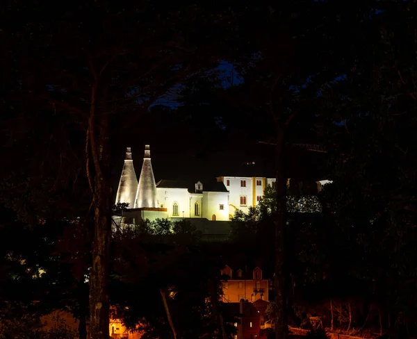 Night view over the town of Sintra in Portugal with National Palace and its chimneys — Stock Photo, Image