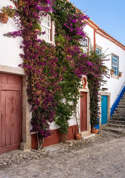 Úzká ulice ve starém opevněném městě Obidos ve středním Portugalsku — Stock fotografie