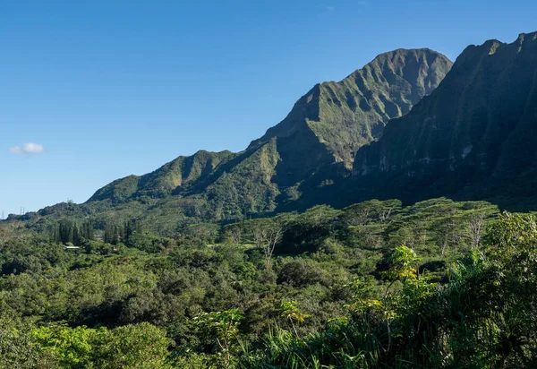 Crinale di montagna sorge sopra Hoomaluhia Botantical Gardens su Oahu — Foto Stock