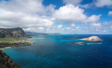 Coastline of East Oahu over Makapuu Beach with Rabbit island