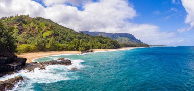 Aerial drone shot of Lumahai Beach on the north shore of Kauai in Hawaii