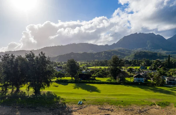 Aerial drone shot of Hanalei town and mountains from Waioli beach park —  Fotos de Stock