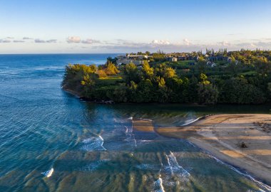 Aerial drone shot of Hanalei bay and Princeville on the north shore of Kauai in Hawaii clipart