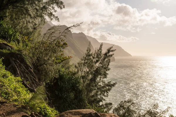 Na Pali mountains seen from the overlook on the Kalalau trail on north shore of Kauai — ストック写真