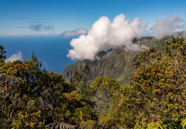 Vista das rochas caneladas da costa Na Pali do mirante Kalalau em Kauai, Havaí — Fotografia de Stock