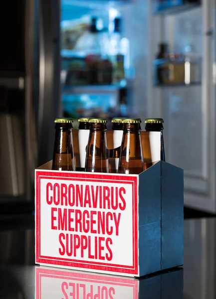 Six pack of brown beer bottles as coronavirus emergency supplies — Stockfoto