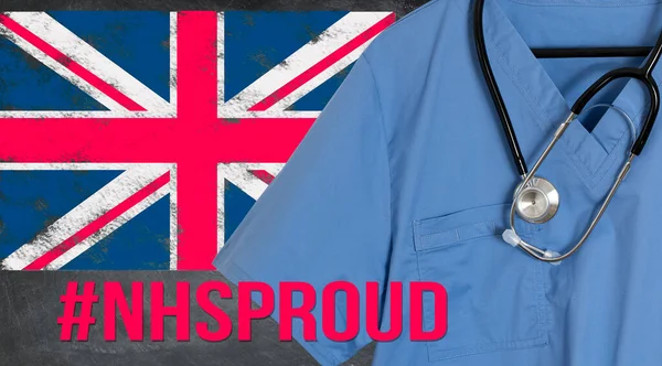 Blue scrubs with UK British flag for supporting NHS workers — Stock Photo, Image
