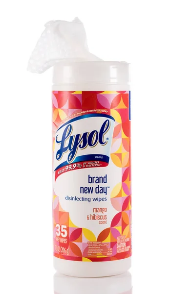 Lysol desinfecção toalhetes recipiente isolado contra fundo branco — Fotografia de Stock