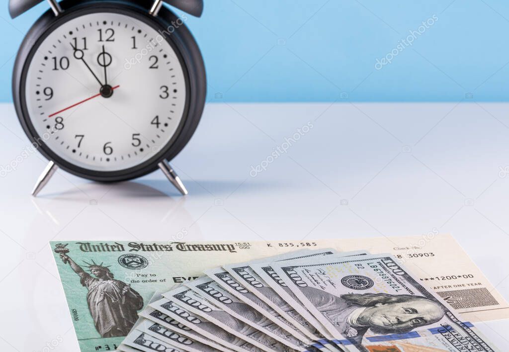 Illustration of missing federal stimulus payment check with cash and alarm clock