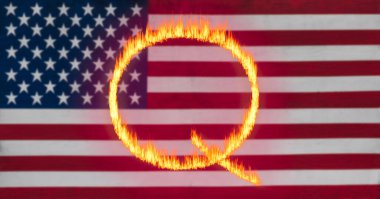 Q Anon deep state conspiracy concept formed from flames against US flag clipart