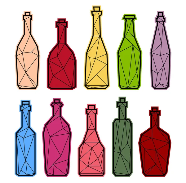 Набор многоугольных треугольных бутылок алкоголя, шампанского, пива и вина — стоковый вектор