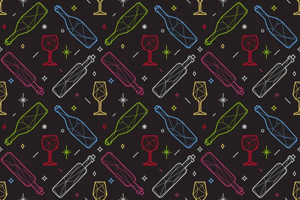 Modèle sans couture de verres à vin triangulaires polygonaux et bouteilles — Image vectorielle