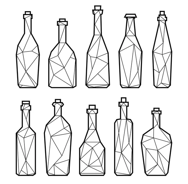 Set bottiglie di alcol triangolo poligonale, champagne, birra e vino — Vettoriale Stock
