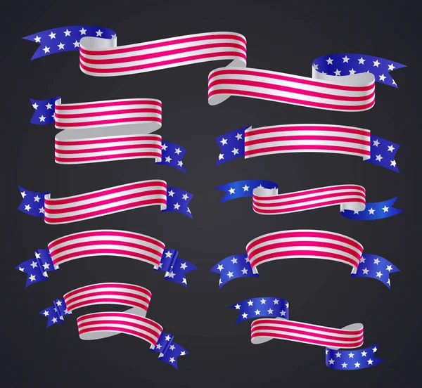 Set di nastro o banner bandiera americana. Simbolo bandiera USA — Vettoriale Stock