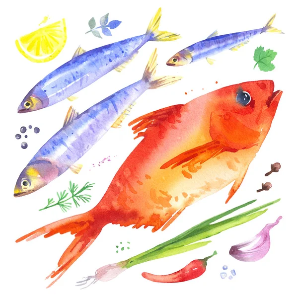 Set mit Sardellen und Rotbarsch Fisch, Zwiebeln, Knoblauch, Zitrone, — Stockfoto