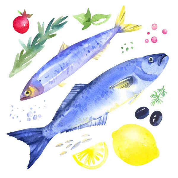Комплект с голубыми рыбами, розмарином, помидорами черри, лимоном, черным оливом — стоковое фото