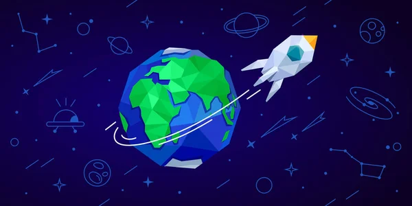 Cohete espacial y Tierra — Vector de stock