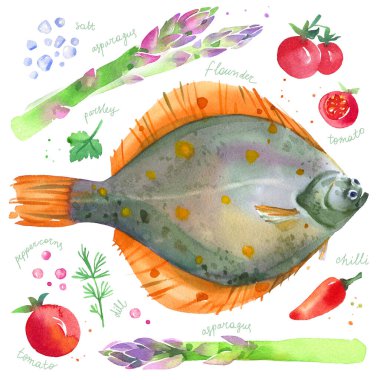 Pisi balığı, kuşkonmaz, vişneli domates ve bitkilerle suluboya.