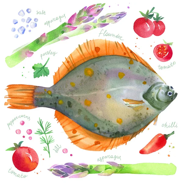 Watercolor Set Flounder Plaice Fish Asparagus Cherry Tomatoes Herbs — Stock Photo, Image