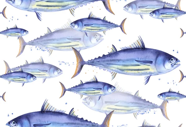 Padrão Sem Costura Escola Atum Listrado Skipjack Atum Aquarela Azul — Fotografia de Stock