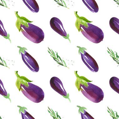Mor patlıcan ve biberiye bitkisinin suluboya desenleri. Beyaz arkaplana elle çizilmiş sebze ambalajı