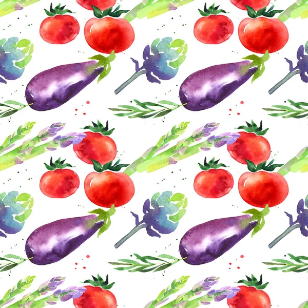 Berinjela Tomate Espargos Alcachofra Alecrim Padrão Sem Costura Aquarela Papel — Fotografia de Stock