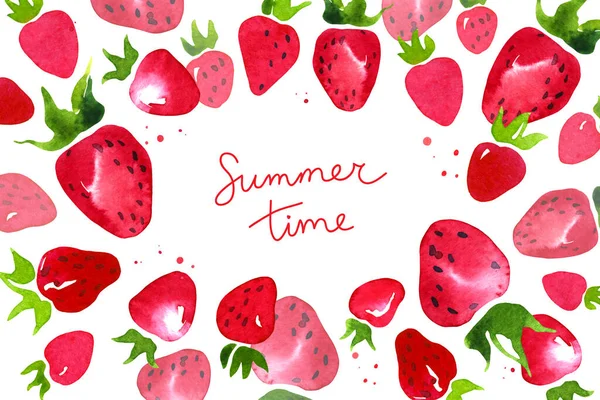 Summer Time Watercolor Strawberry White Background Hand Drawn Frame Banner — Stock Photo, Image