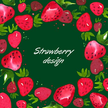 Fotokopi alanı olan yeşil arkaplanda suluboya çilek. Dekoratif Y ve kırmızı böğürtlenli yaz tasarımı