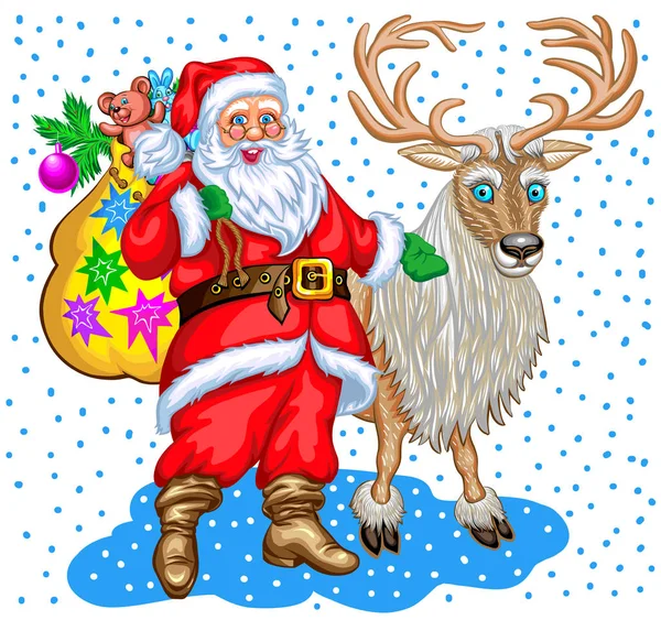 Père Noël avec sac de cadeaux et rennes — Image vectorielle