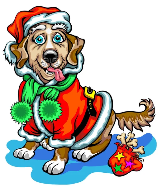 Hond met kerstcadeaus. Santa Claus — Stockvector