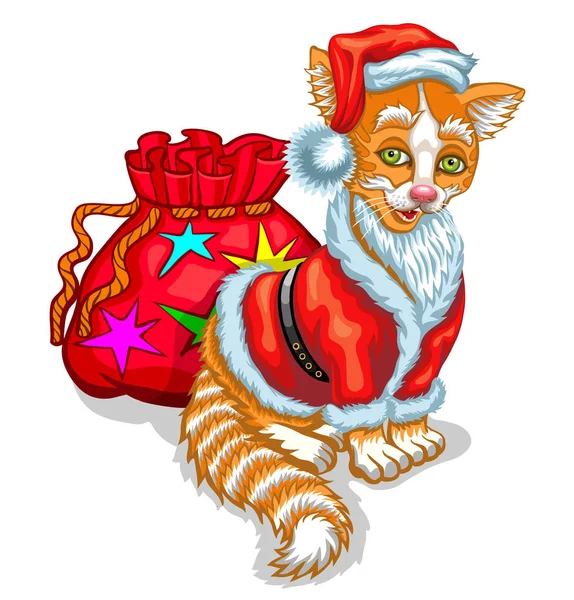 Cat Santa Claus with a bag of gifts — Stock Vector